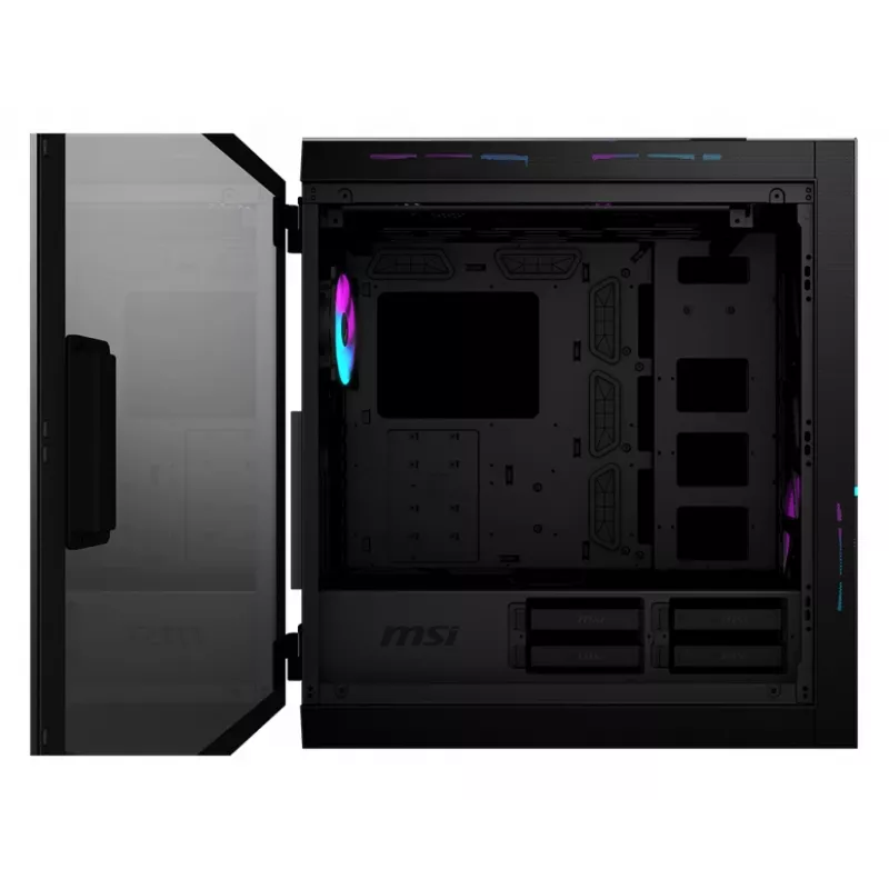MSI MPG SEKIRA 500X Full Tower datora korpuss melns, 3x 200mm ARGB + 1x 200mm + 1x120mm ARGB ventilatori, Mystic Light Sync, 8 kanālu ARGB centrmezgls, USB Type-C, rūdīta stikla paneļi, E-ATX, ATX, mATX, mini-ITX