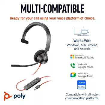 HP Poly Blackwire 3310 Monaurālās austiņas ar USB-C un USB-C/A adapteri