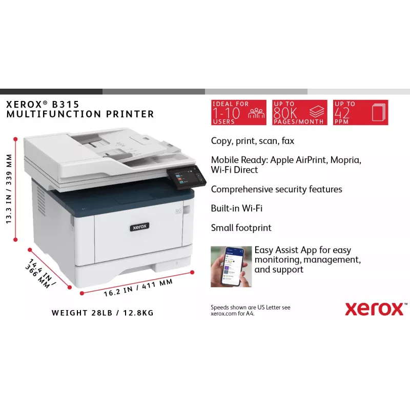 Xerox B315 A4 40ppm Bezvadu Duplekss Kopēt/Drukāt/Skenēt/Fakss PS3 PCL5e/6 2 Paplātes 350 Lapas