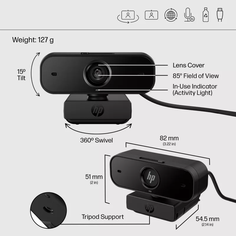HP 435 FHD tīmekļa kamera (77B10AA) video zvaniem, 2 MP, 1920 x 1080, 30 kadri/s, USB-A 2.0, automātiskais fokuss, privātuma vāciņš, divi mikrofoni, melna