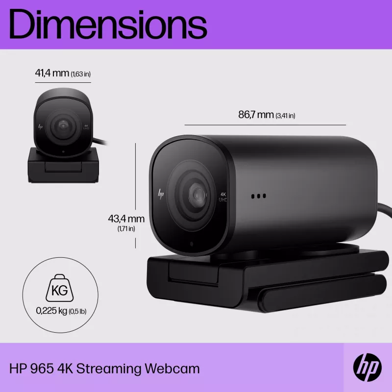 HP 965 4K straumēšanas tīmekļa kamera, 8 MP, 3840 x 2160 pikseļi, Full HD, 60 fps, USB