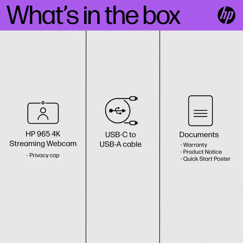 HP 965 4K straumēšanas tīmekļa kamera, 8 MP, 3840 x 2160 pikseļi, Full HD, 60 fps, USB