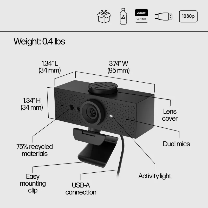HP 620 FHD tīmekļa kamera, 4 MP, 1920 x 1080 pikseļi, Full HD, 60 fps, 720p, 1080p, 5x