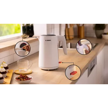 Elektriskā tējkanna Bosch TWK2M161, 1,7 L, 2400 W, balta, plastmasas korpuss, 360° pamatne