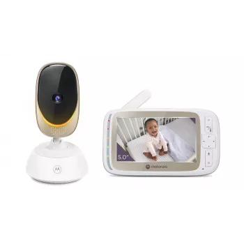 Video kamera Motorola VM85 CONNECT — 5 collu TFT displejs, 480×272, 300 m diapazons, 2× digitālais tālummaiņa, 2,4 GHz Wi‑Fi/FHSS, divvirzienu audio, balta