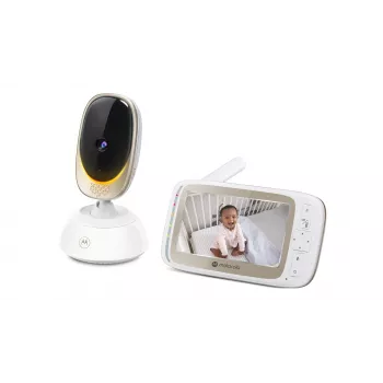 Video kamera Motorola VM85 CONNECT — 5 collu TFT displejs, 480×272, 300 m diapazons, 2× digitālais tālummaiņa, 2,4 GHz Wi‑Fi/FHSS, divvirzienu audio, balta