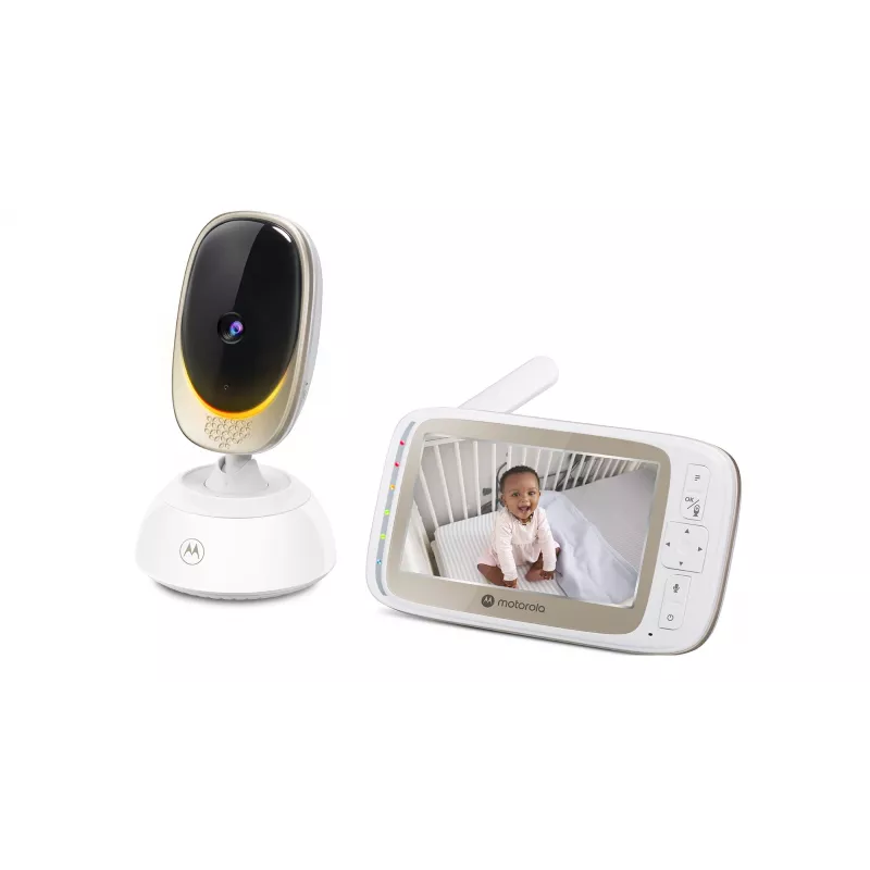 Video kamera Motorola VM85 CONNECT — 5 collu TFT displejs, 480×272, 300 m diapazons, 2× digitālais tālummaiņa, 2,4 GHz Wi‑Fi/FHSS, divvirzienu audio, balta