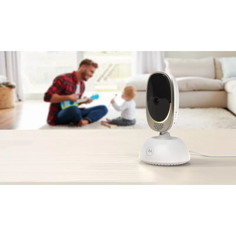 Video kamera Motorola VM85 CONNECT — 5 collu TFT displejs, 480×272, 300 m diapazons, 2× digitālais tālummaiņa, 2,4 GHz Wi‑Fi/FHSS, divvirzienu audio, balta