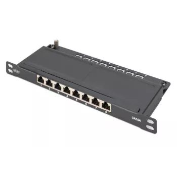 DIGITUS CAT6A ekranēts sadales panelis, 8 porti, 0,5U, 10 inch stiprinājums, melns RAL 9005