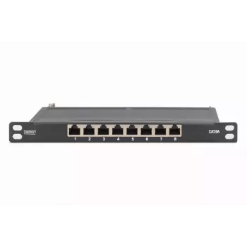 DIGITUS CAT6A ekranēts sadales panelis, 8 porti, 0,5U, 10 inch stiprinājums, melns RAL 9005