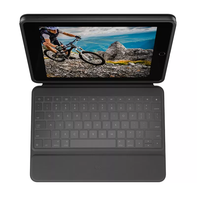 LOGITECH Rugged Folio Graphite Qwertz Deutsch — aizsargmaciņš ar tastatūru iPad 7. un 8. paaudzei