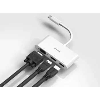 D-Link 3-in-1 USB-C uz HDMI/VGA/DisplayPort adapteris, vads, USB 3.2 Gen 1 (3.1 Gen 1) Type-C, balts, CE, FCC, IC, RCM, DC, 0.04 A