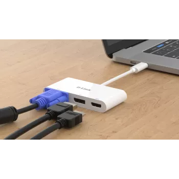 D-Link 3-in-1 USB-C uz HDMI/VGA/DisplayPort adapteris, vads, USB 3.2 Gen 1 (3.1 Gen 1) Type-C, balts, CE, FCC, IC, RCM, DC, 0.04 A