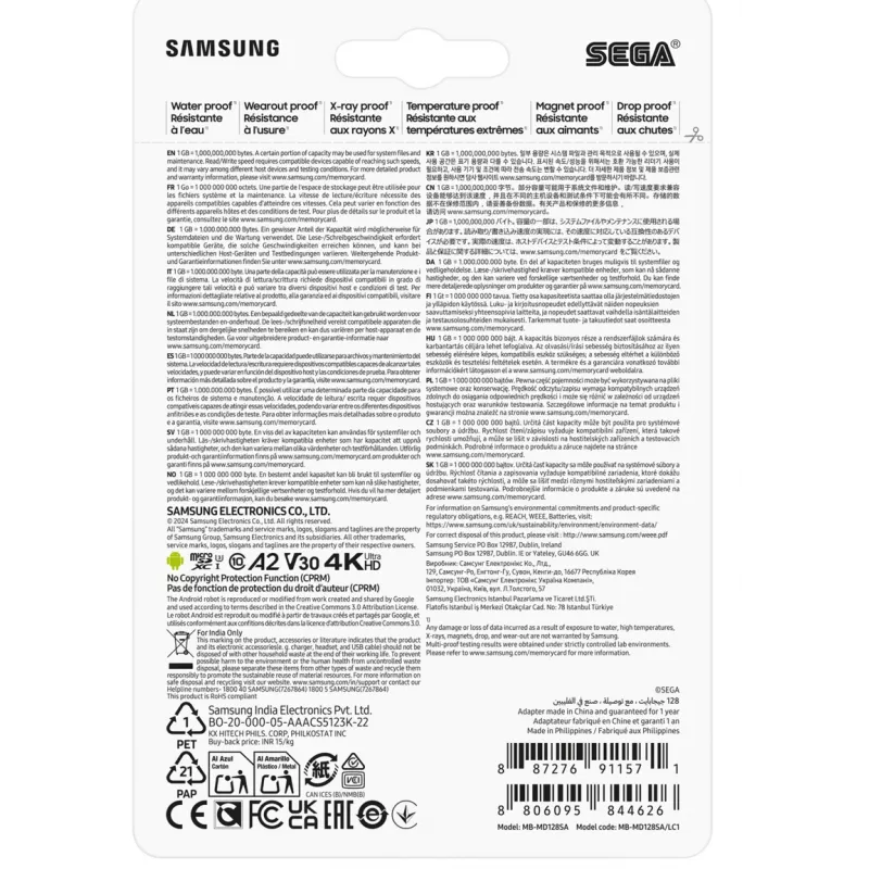 Samsung MB-MD128S microSDXC atmiņas karte, 128 GB, UHS-I, Class 10, U3, lasīšana līdz 180 MB/s, rakstīšana 130 MB/s