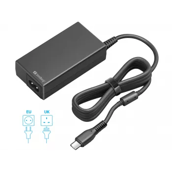 Sandberg USB-C AC Lādētājs PD65W EU+UK, Universāls, Iekštelpām, 230 V, 65 W, Maiņstrāva-uz-Līdzstrāvu, Melns