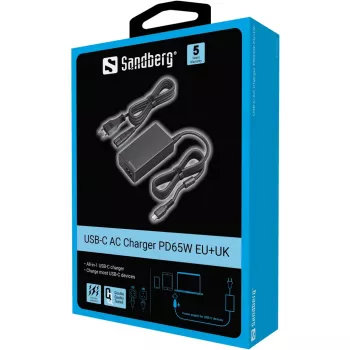 Sandberg USB-C AC Lādētājs PD65W EU+UK, Universāls, Iekštelpām, 230 V, 65 W, Maiņstrāva-uz-Līdzstrāvu, Melns