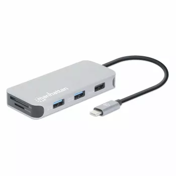 Manhattan USB-C dokstacija/dalītājs ar karšu lasītāju, porti (x6): Ethernet, HDMI, USB-A (x3) un USB-C, ar Power Delivery (100W) uz USB-C portu (piezīme: nepieciešams atsevišķs USB-C sienas lādētājs un USB-C kabelis), universāls visām ierīcēm, kabelis 15c