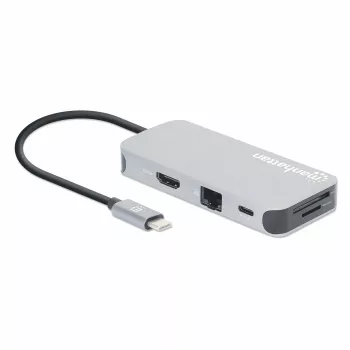 Manhattan USB-C dokstacija/dalītājs ar karšu lasītāju, porti (x6): Ethernet, HDMI, USB-A (x3) un USB-C, ar Power Delivery (100W) uz USB-C portu (piezīme: nepieciešams atsevišķs USB-C sienas lādētājs un USB-C kabelis), universāls visām ierīcēm, kabelis 15c
