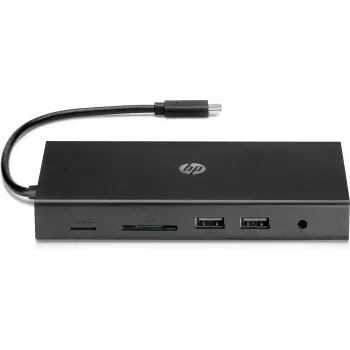 USB-C daudzportu centrmezgls HP Travel – HP 1C1Y5AA, USB-C savienojums, HDMI 2.0, VGA, 1×RJ-45, 2×USB-A 3.2 Gen1, 2×USB 2.0, MicroSD lasītājs, Melns