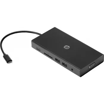 USB-C daudzportu centrmezgls HP Travel – HP 1C1Y5AA, USB-C savienojums, HDMI 2.0, VGA, 1×RJ-45, 2×USB-A 3.2 Gen1, 2×USB 2.0, MicroSD lasītājs, Melns