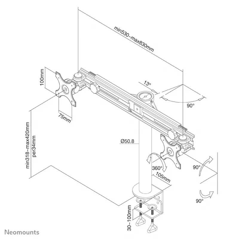 Neomounts FPMA-D700D monitora roka 19-30 collām, skava, 8 kg, 48.3 cm (19 inch), 76.2 cm (30 inch), 100 x 100 mm, Melna