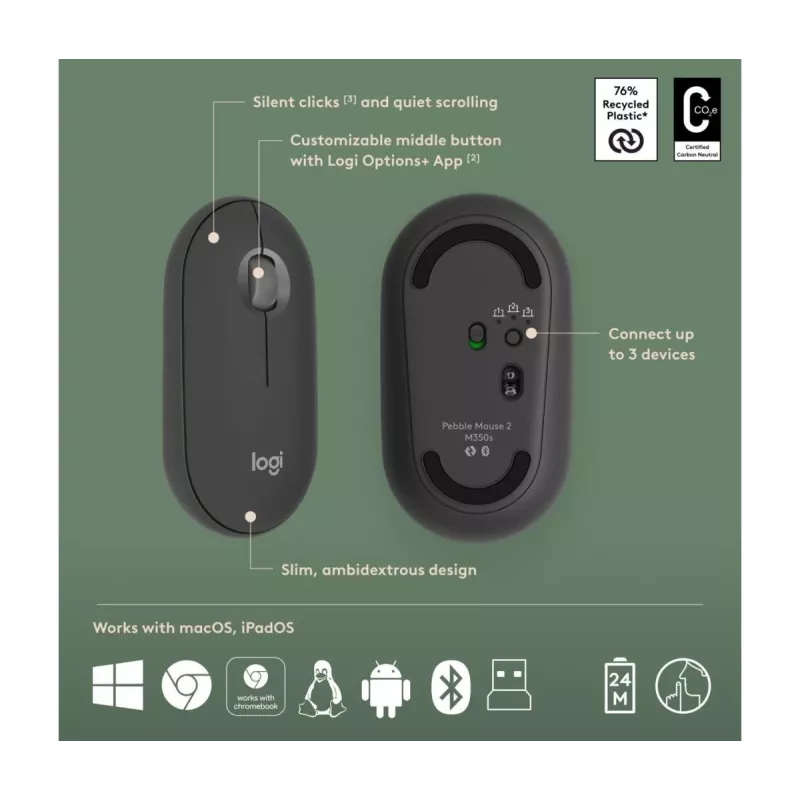LOGITECH Pebble 2 Combo Tonal Graphite QWERTY US — Bezvadu klaviatūras un peles komplekts
