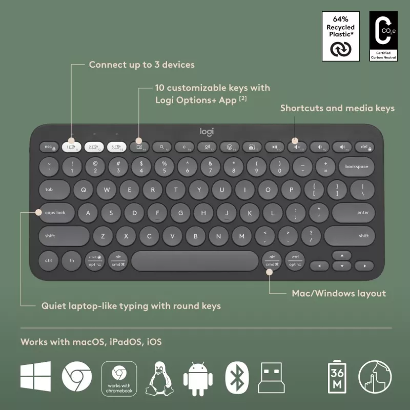 LOGITECH Pebble 2 Combo Tonal Graphite QWERTY US — Bezvadu klaviatūras un peles komplekts