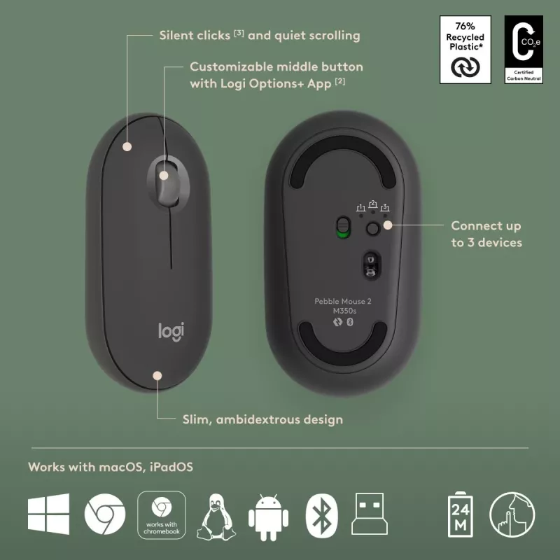 LOGITECH Pebble 2 Combo Tonal Graphite QWERTY US — Bezvadu klaviatūras un peles komplekts