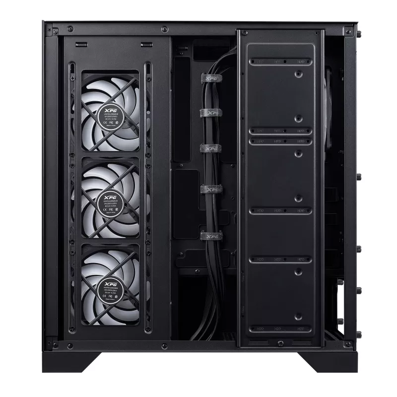 XPG Invader X BTF Midi Tower datora korpuss, ATX/Micro-ATX/Mini-ITX, rūdīts stikls, 5 x 120 mm ARGB ventilatori, USB-C, bez barošanas avota, melns