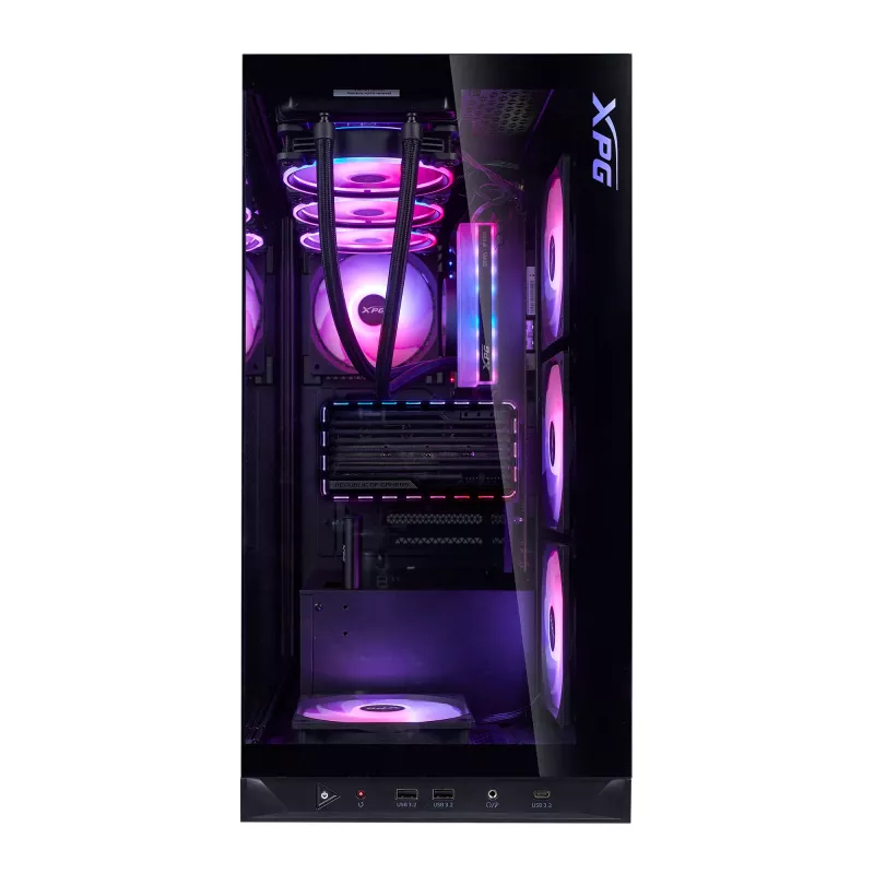 XPG Invader X BTF Midi Tower datora korpuss, ATX/Micro-ATX/Mini-ITX, rūdīts stikls, 5 x 120 mm ARGB ventilatori, USB-C, bez barošanas avota, melns