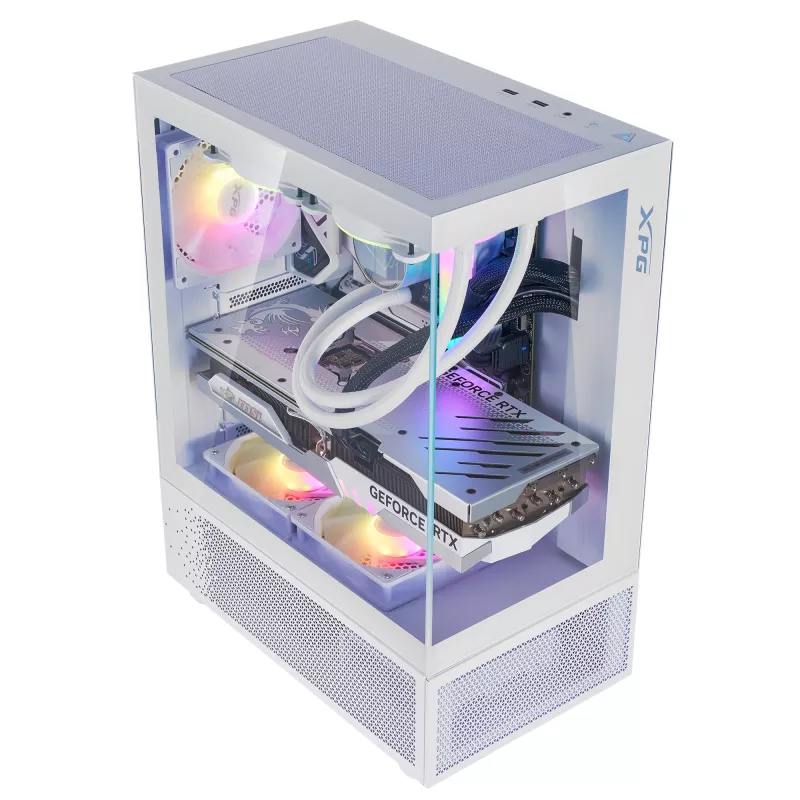 XPG Invader X Mini Midi Tower datora korpuss, ATX/Micro-ATX/Mini-ITX, stikla sienas, 5 x 120 mm ARGB ventilatori, USB-C, bez barošanas avota, balts
