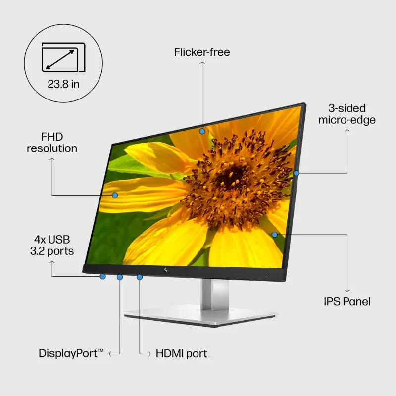 HP E24 G4 FHD monitors, 60.5 cm (23.8 collas), 1920 x 1080 pikseļi, Full HD, LCD, 5 ms, Melns