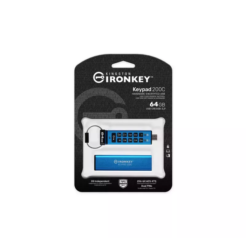 Kingston Technology IronKey 64GB USB-C taustiņu paneļa 200C, FIPS 140-3 Lvl 3 AES-256