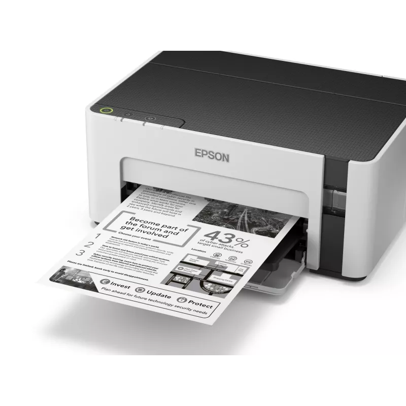 Tintes printeris Epson EcoTank ET‑M1100 — melnbalts, A4, 32 lpp/min, 1440×720 dpi, iebūvēta tintes tvertne, USB 2.0, pelēks/melns
