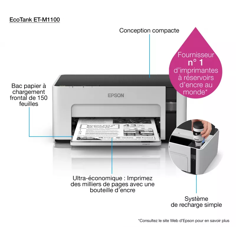 Tintes printeris Epson EcoTank ET‑M1100 — melnbalts, A4, 32 lpp/min, 1440×720 dpi, iebūvēta tintes tvertne, USB 2.0, pelēks/melns