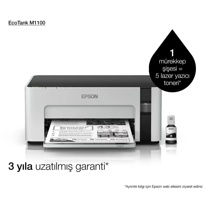 Tintes printeris Epson EcoTank ET‑M1100 — melnbalts, A4, 32 lpp/min, 1440×720 dpi, iebūvēta tintes tvertne, USB 2.0, pelēks/melns