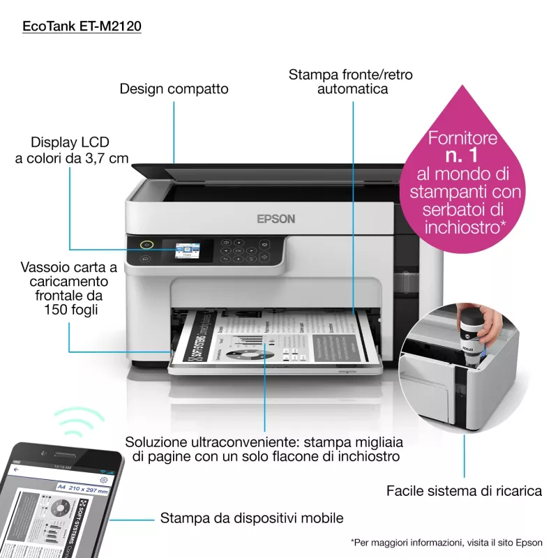 Epson EcoTank ET-M2120 tintas printeris A4 1440 x 720 DPI 32 ppm Wi-Fi