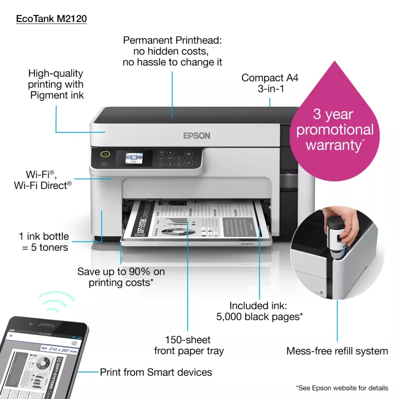 Epson EcoTank ET-M2120 tintas printeris A4 1440 x 720 DPI 32 ppm Wi-Fi