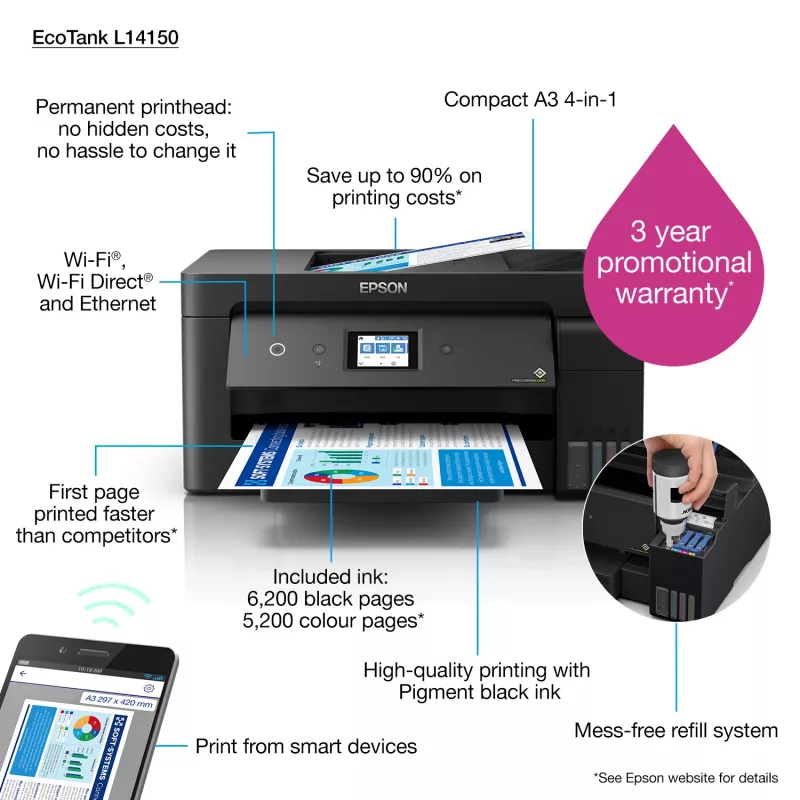 Epson EcoTank L14150 A3 tintas printeris 4800 x 1200 DPI 38 ppm Wi-Fi