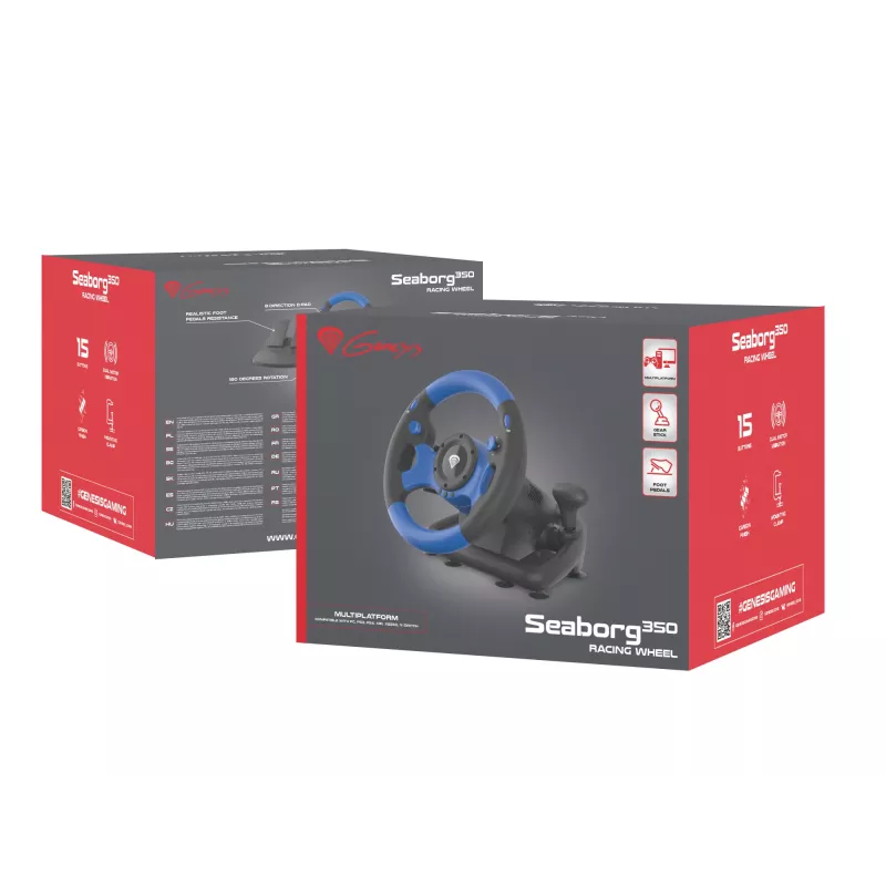 GENESIS Seaborg 350 Black, Blue USB stūre + pedāļi Nintendo Switch, PC, PlayStation 4, PlayStation 3, Xbox 360, Xbox One, Xbox Series S, Xbox Series X