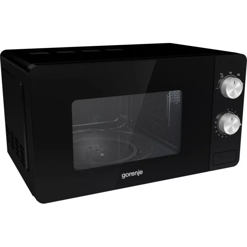Solo mikroviļņu krāsns Gorenje MO20E1B — 20 L, 800 W, 5 jaudas līmeņi, 270 mm pagrieziena galds, melna