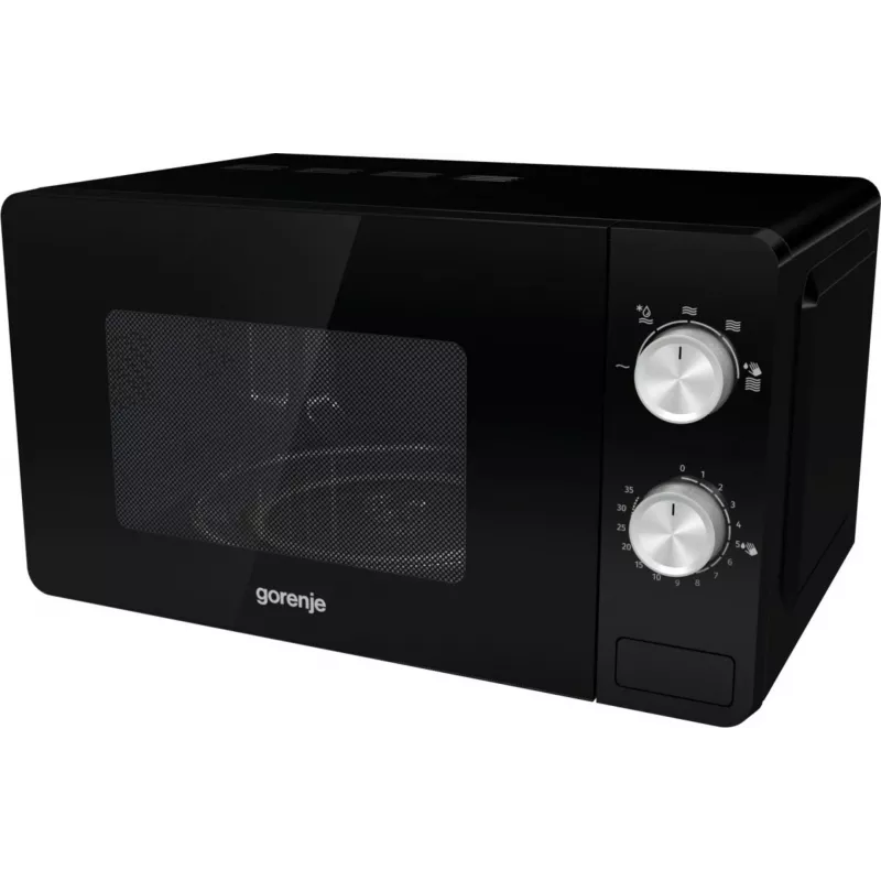 Solo mikroviļņu krāsns Gorenje MO20E1B — 20 L, 800 W, 5 jaudas līmeņi, 270 mm pagrieziena galds, melna