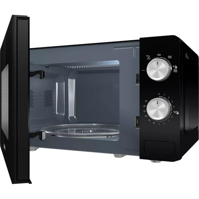 Solo mikroviļņu krāsns Gorenje MO20E1B — 20 L, 800 W, 5 jaudas līmeņi, 270 mm pagrieziena galds, melna