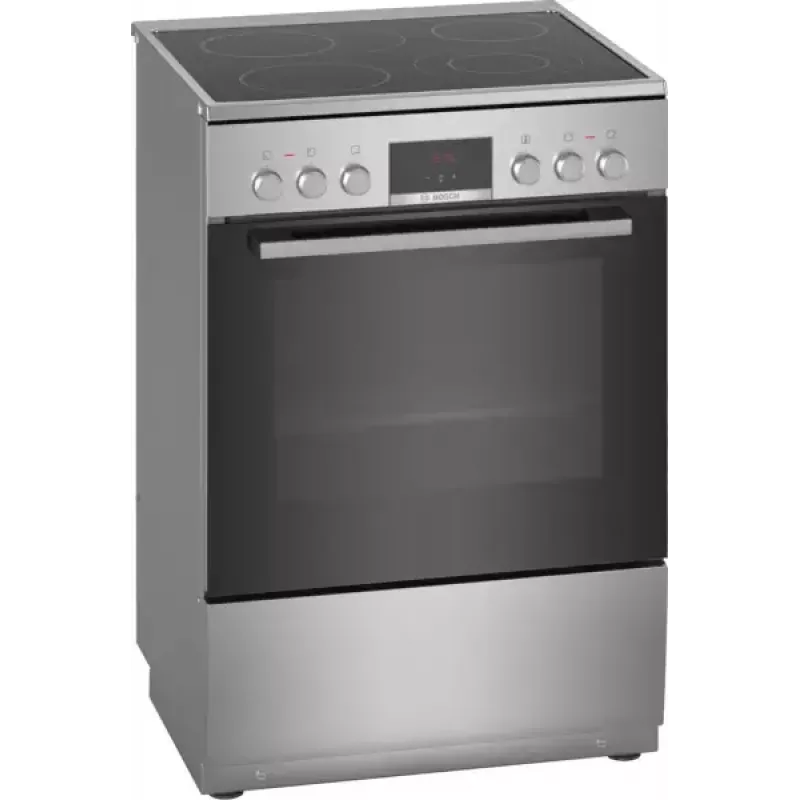 Brīvi stāvoša elektriskā plīts Bosch Serie 4 HKR39A250U, keramikas virsma 4 zonas, cepeškrāsns 66 L, nerūsējošais tērauds, 600 mm