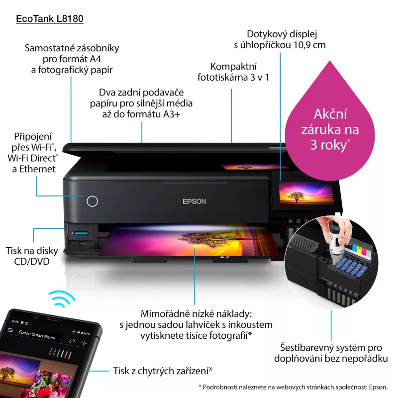 Daudzfunkciju tintes printeris Epson EcoTank L8180 — A3+, krāsu, 5760x1440 DPI, 32 ppm, duplekss, Wi‑Fi, Ethernet
