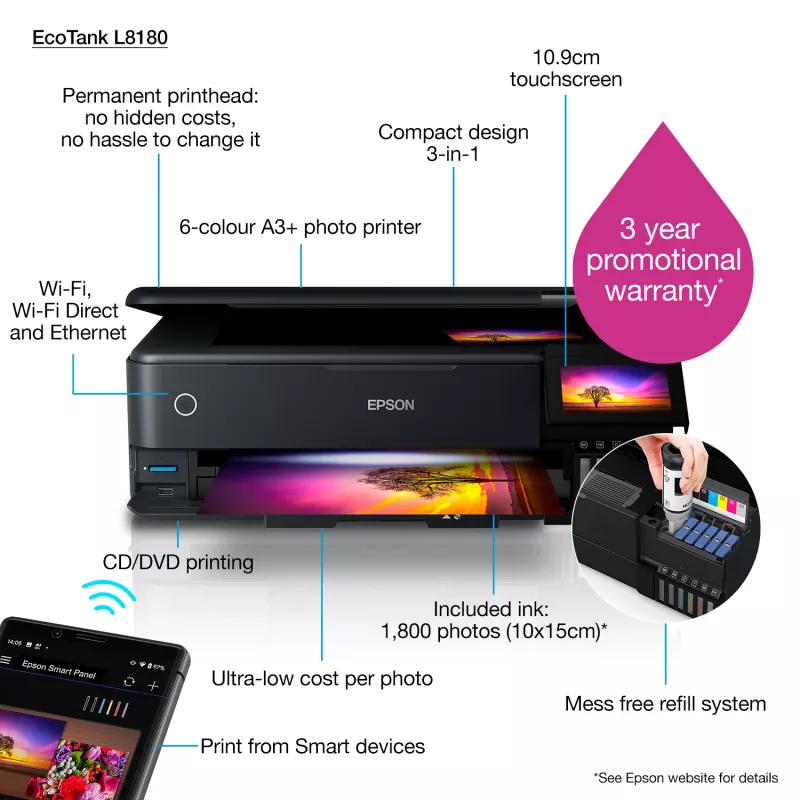 Daudzfunkciju tintes printeris Epson EcoTank L8180 — A3+, krāsu, 5760x1440 DPI, 32 ppm, duplekss, Wi‑Fi, Ethernet