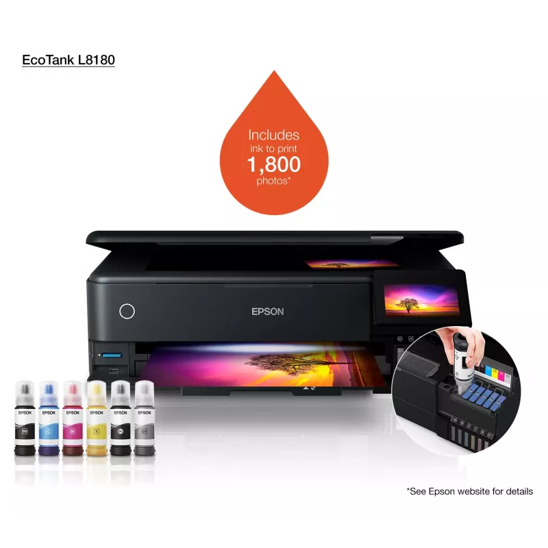 Daudzfunkciju tintes printeris Epson EcoTank L8180 — A3+, krāsu, 5760x1440 DPI, 32 ppm, duplekss, Wi‑Fi, Ethernet