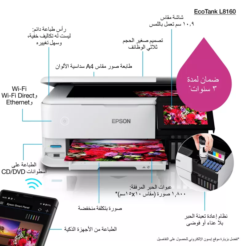 Daudzfunkciju tintes printeris Epson EcoTank L8160 — Krāsu drukāšana, 5760x1440 DPI, 32 lpp/min, A4, Wi‑Fi, Duplekss