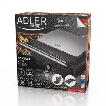 Kontaktgrils Adler AD 3051 — nerūsējošais tērauds, 2200–2800 W, grila laukums 1392 cm², regulējama temperatūra, nepiedegošās plāksnes