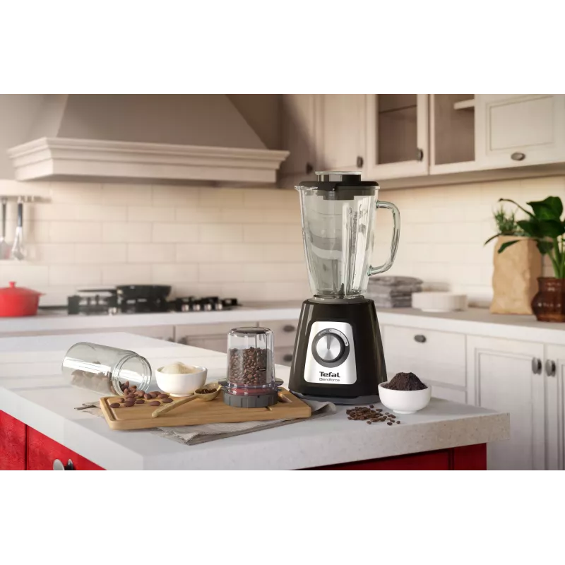 Galda blenderis Tefal BlendForce II BL4388 — 800 W, 1,25 L stikla trauks, ledus drupināšana, melns/brushed steel